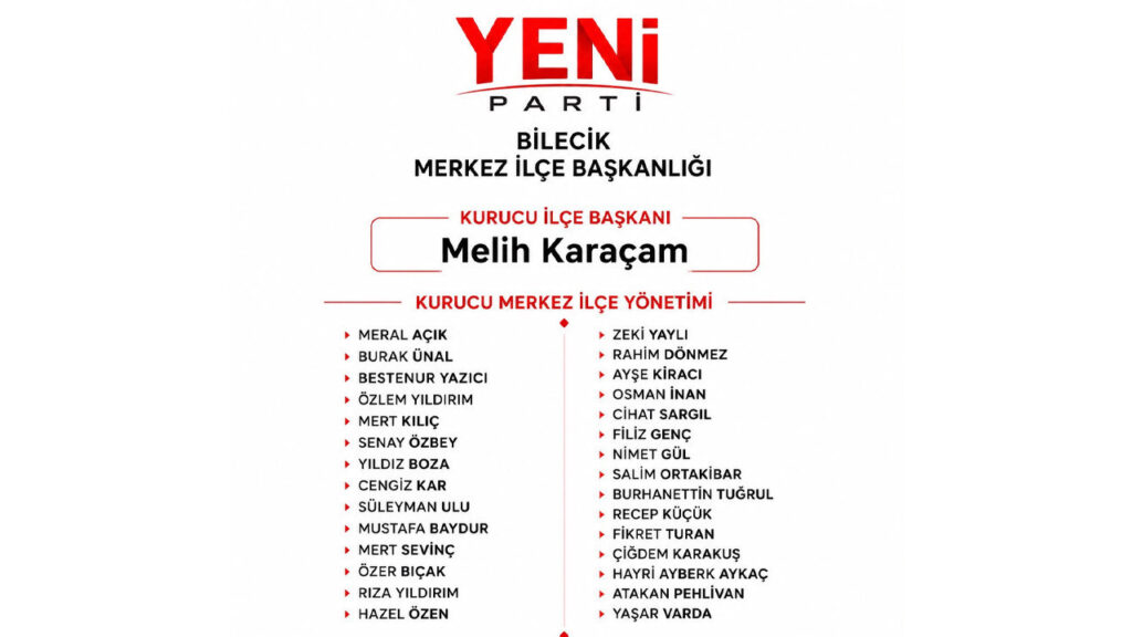 YENİ Parti’nin Bilecik Merkez Kurucu İlçe Başkanı belli oldu
